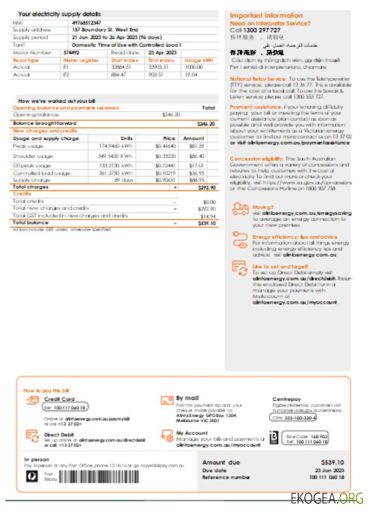 Facture commerciale du service public d'électricité d'Alinta Energy, page 2, SCR